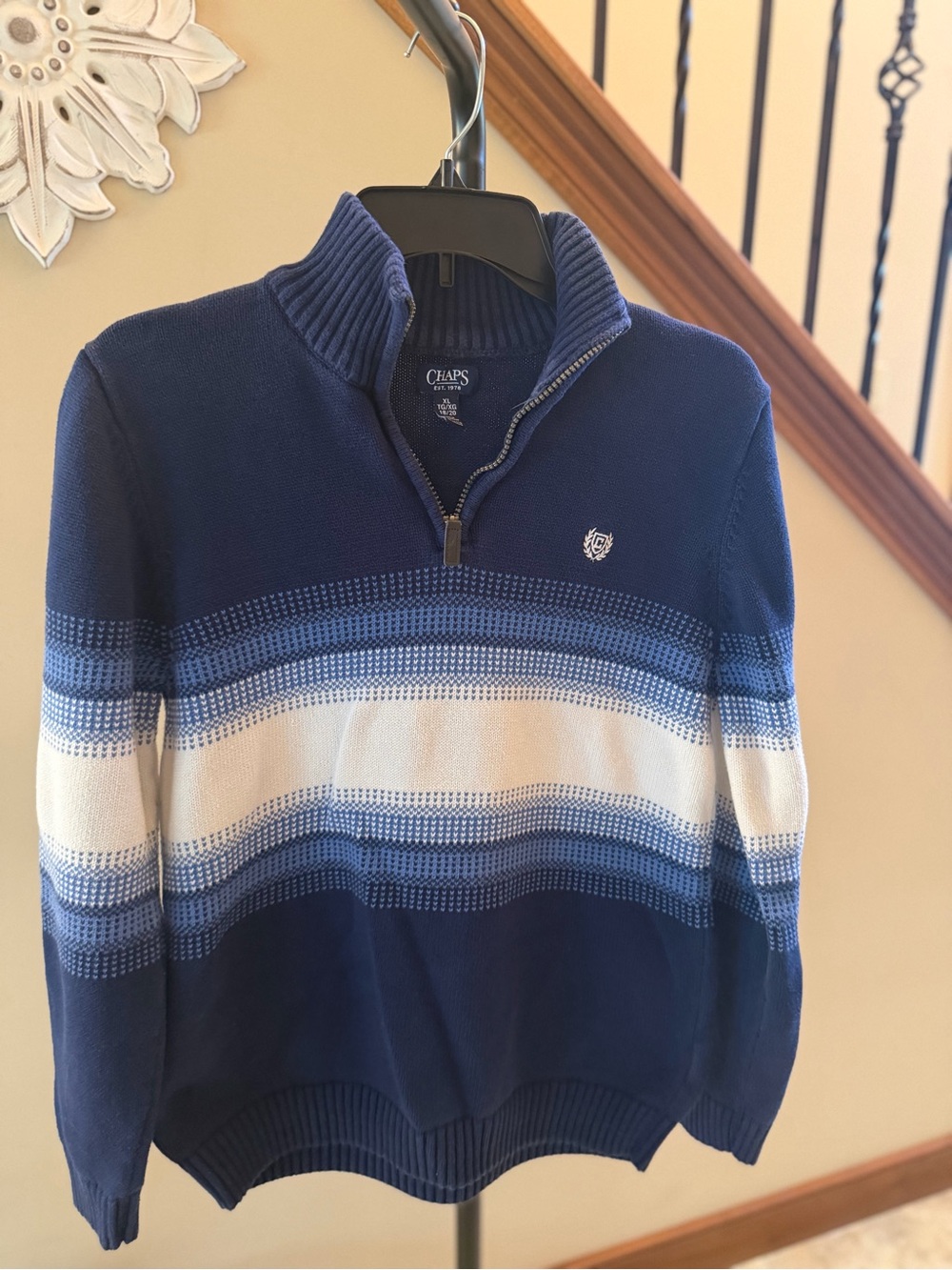Chaps Boys XL 18/20 Blue Fair Isle Stripe 1/4 Zip Cotton Sweater